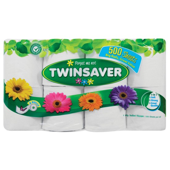 TWINSAVER TOILET ROLL 1PLY WHT 500SH 8EA